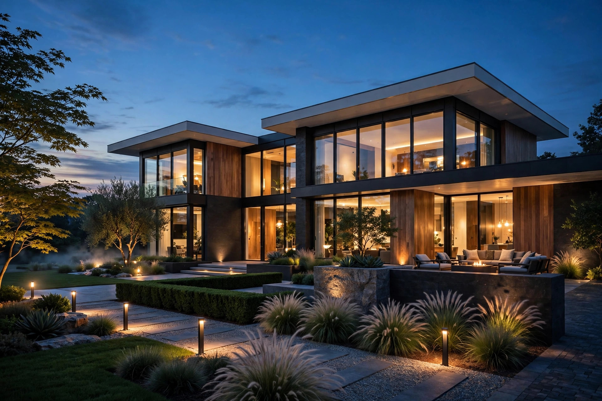 Modern luxury home exterior at dusk