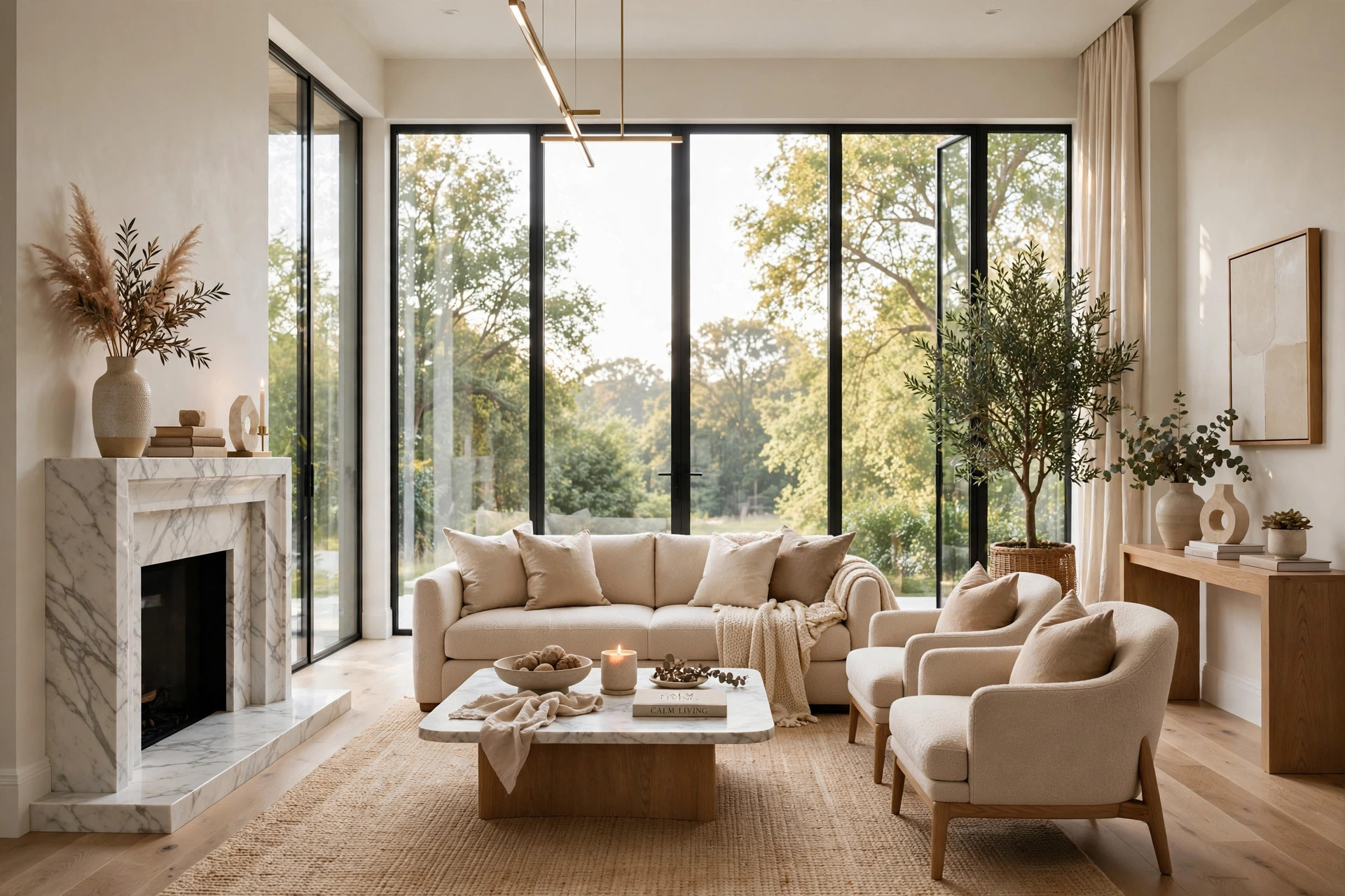 Bright modern living room with large windows